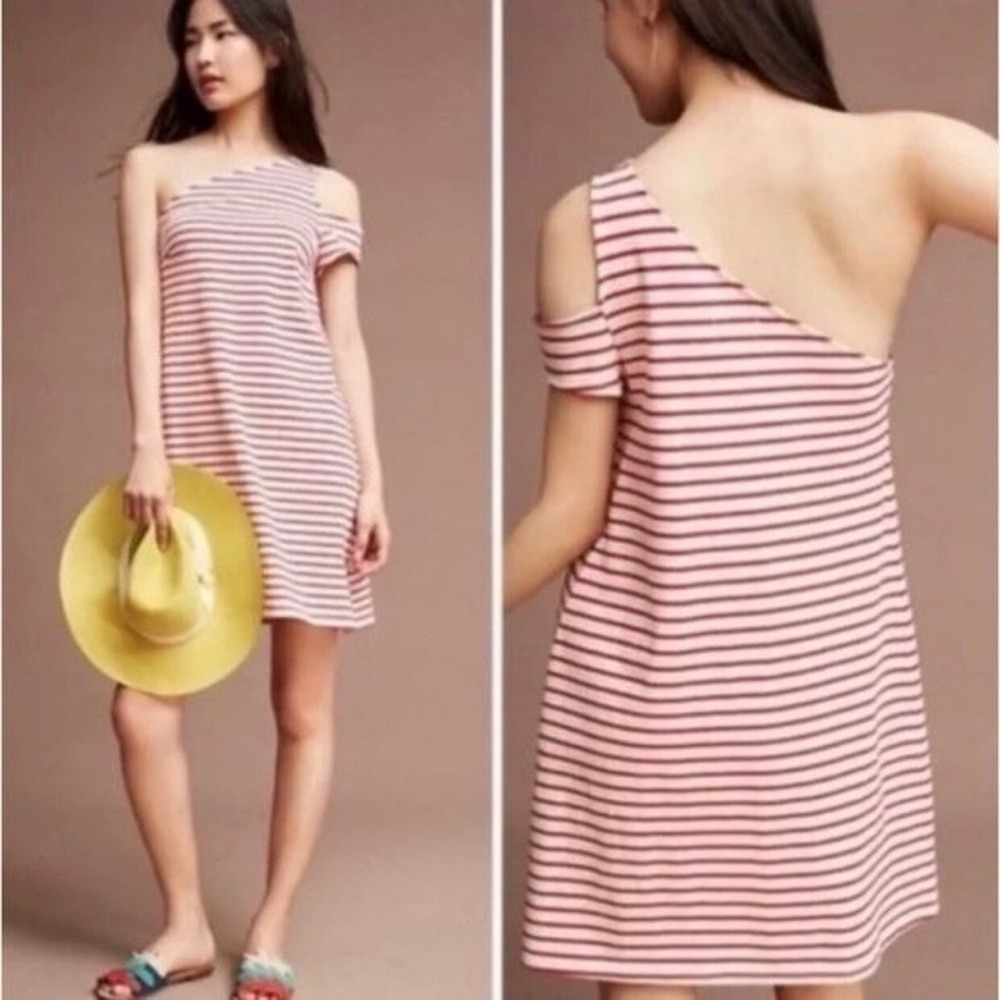 Anthropologie Maeve One-Shoulder Red Stripe Mini Dress Size L Summer Casual